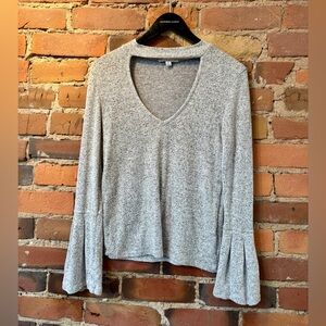 Grey Deep V-Neck Top with Chocker Neckline and Bell Sleeves. Size: Small